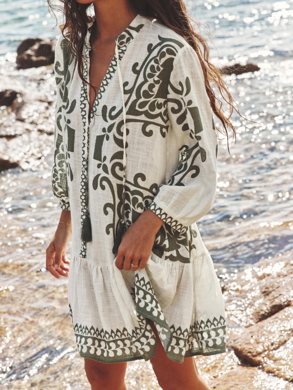 Zara Ecru & Khaki Rustic Printed Tunic Dress